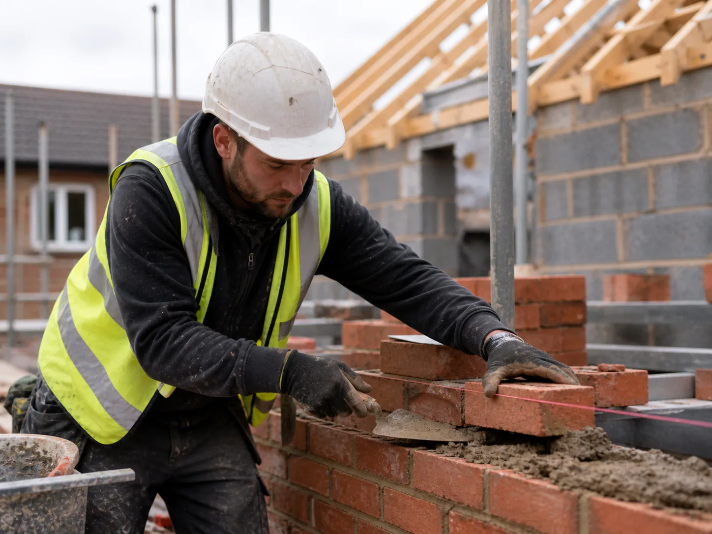 Builder laying bricks on a construction site