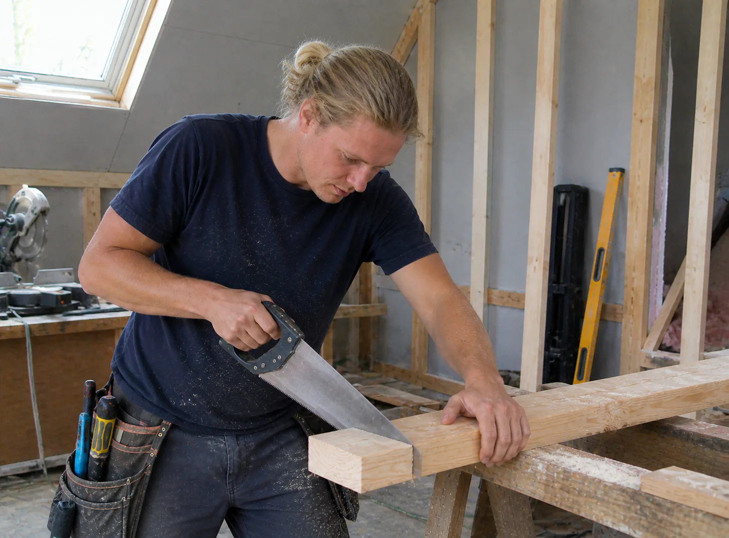 Carpenter cutting timber in a workshop