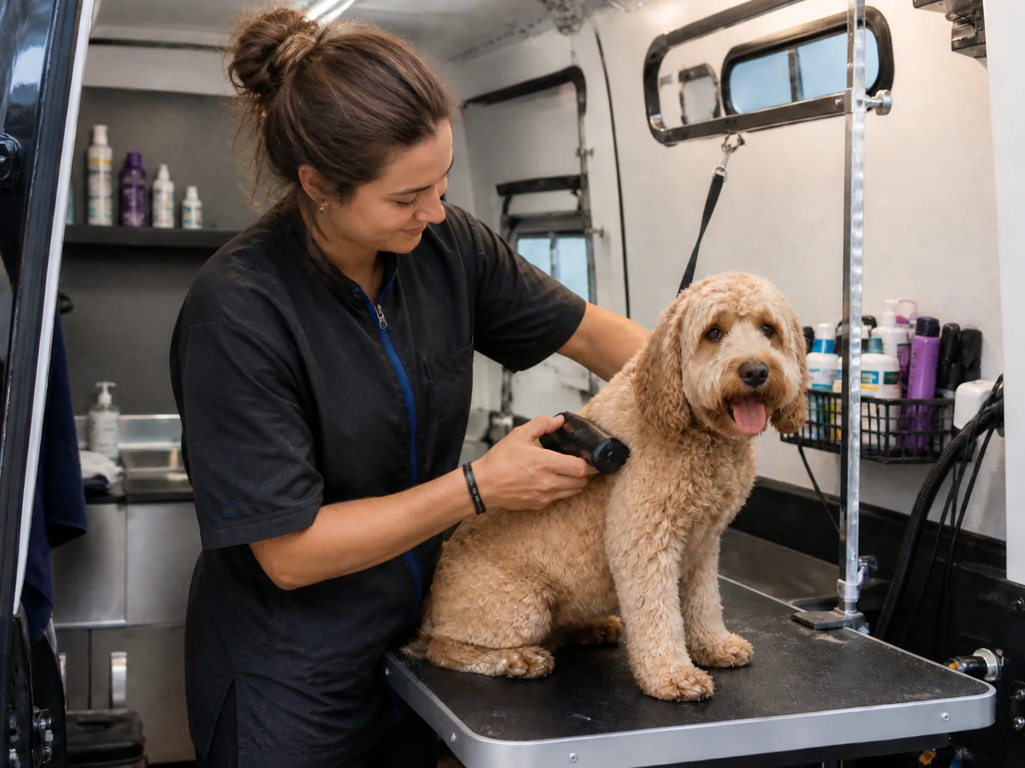 Dog groomer caring for a dog during grooming
