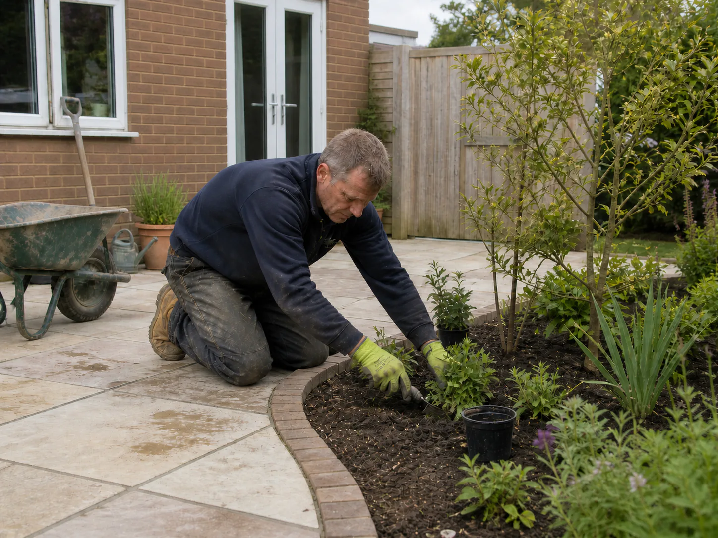 Gardener working in a landscaped garden