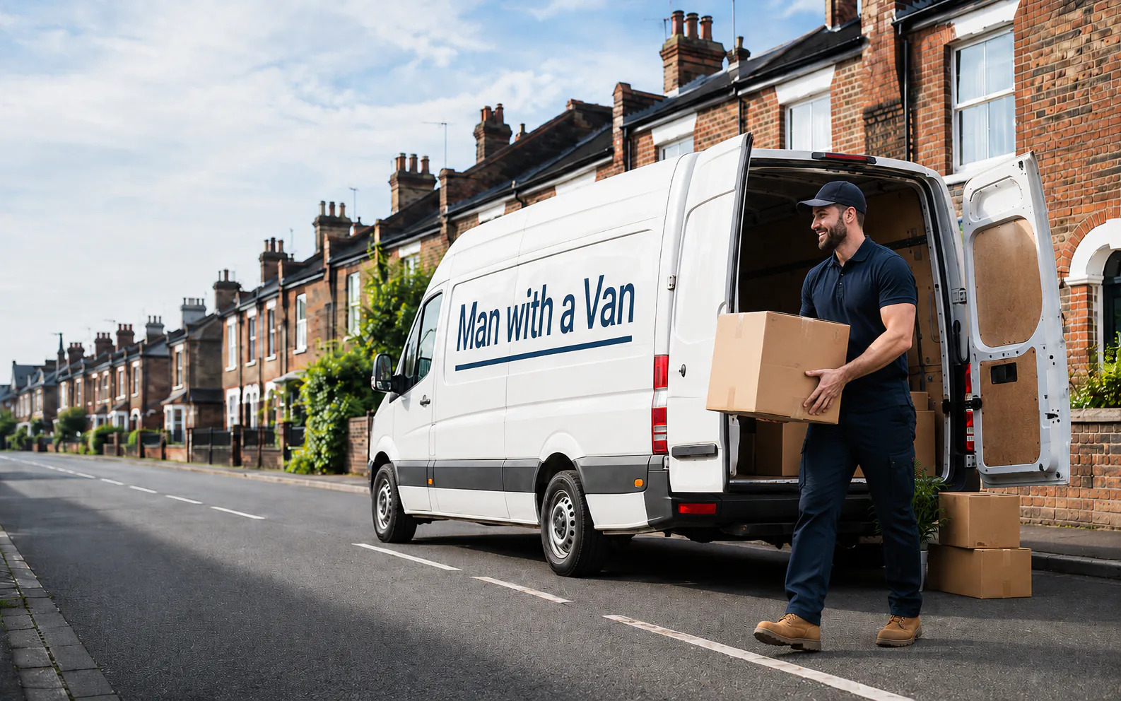 Local man with a van unloading a box outside a terraced home