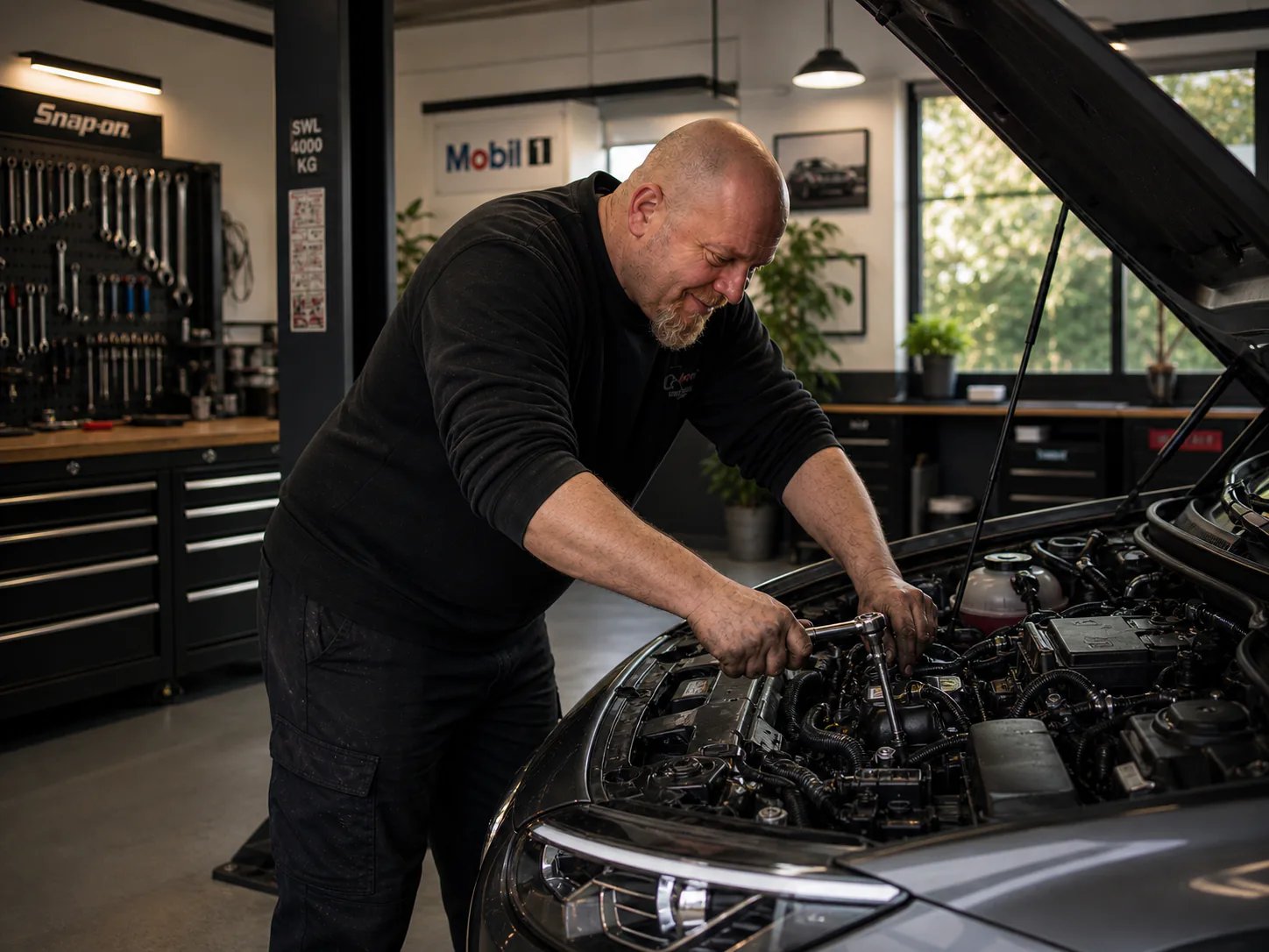 Mechanic working on a vehicle in a garage