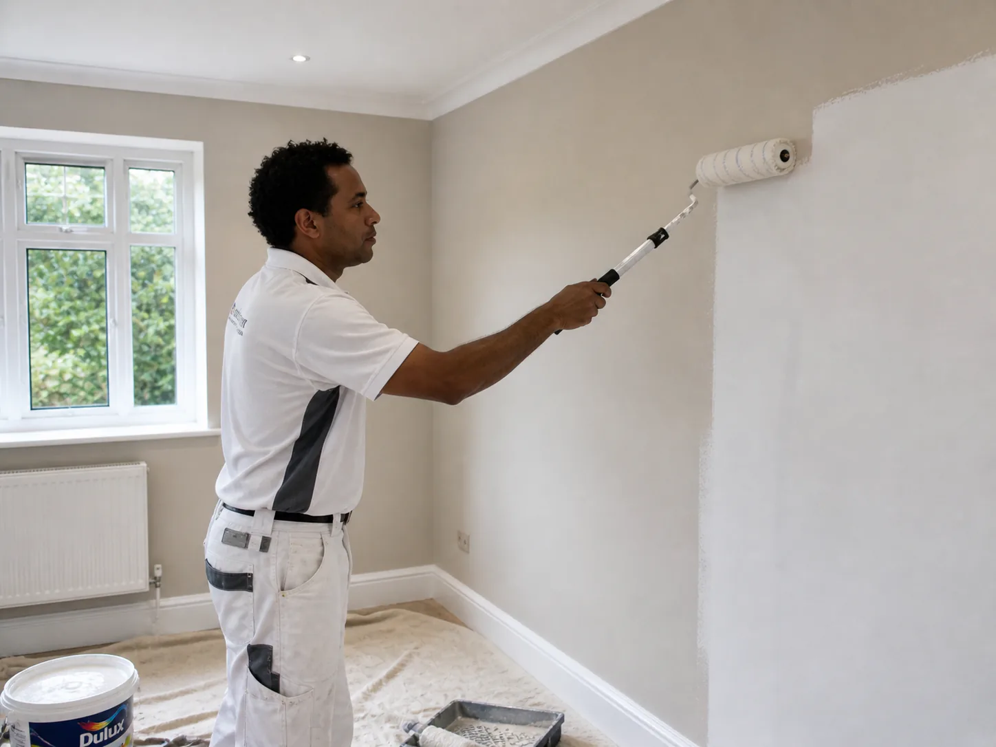 Painter decorating an interior wall with a roller