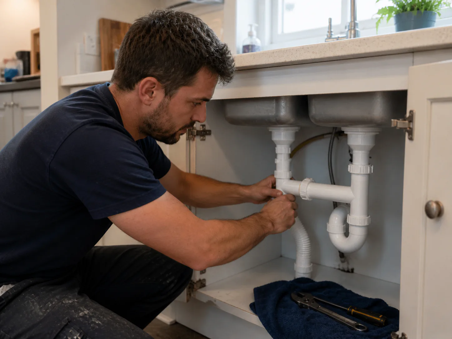 Plumber working under a kitchen sink