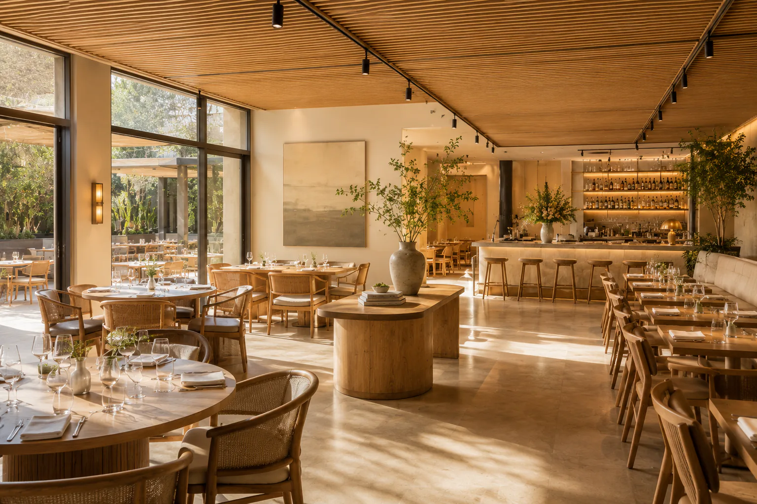 Warm restaurant interior with wooden tables and soft evening lighting